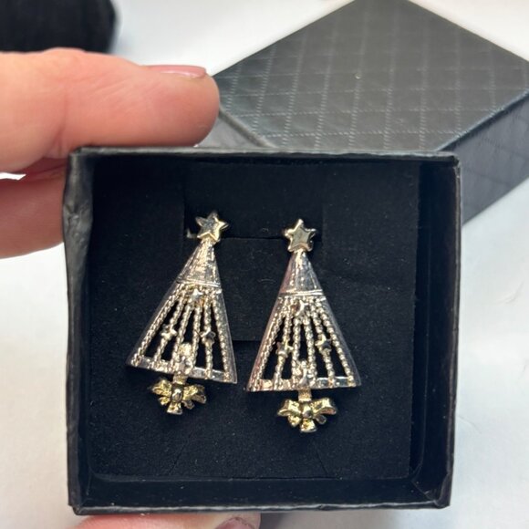 Silver & gold toned Christmas Tree Dangle Earrings With Star & Crystal Accents I - Picture 2 of 6